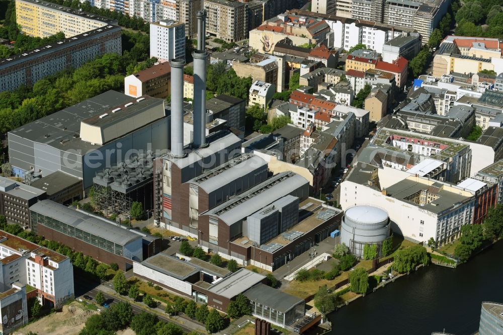 Berlin from above - Power plants and exhaust towers of the thermal power station Kraftwerk - Mitte and the event hall of the organizer Kraftwerk Berlin GmbH on Koepenicker Strasse in Berlin, Germany