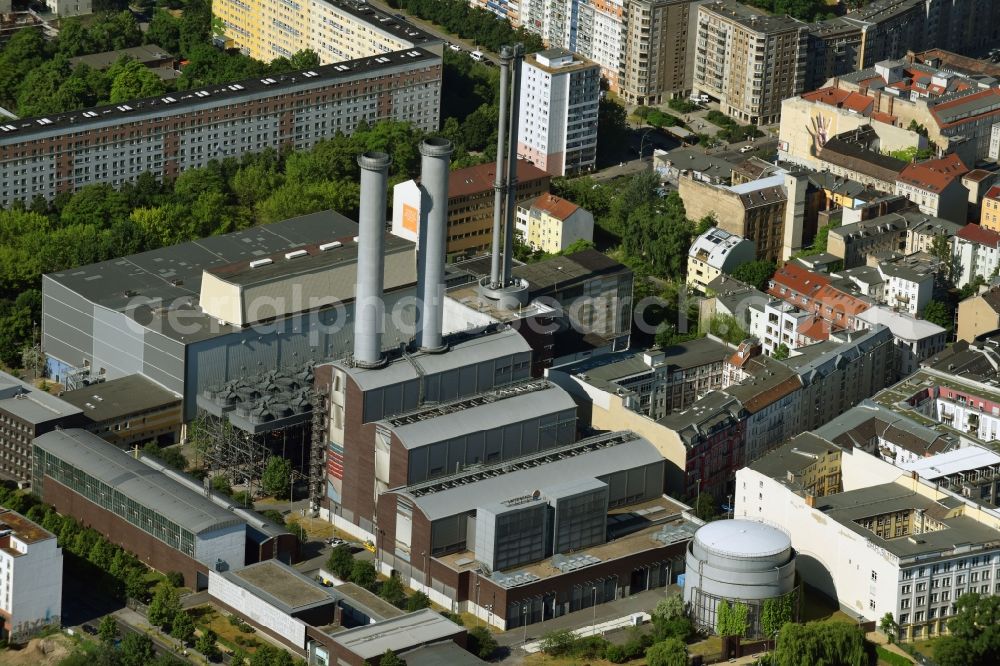Berlin from above - Power plants and exhaust towers of the thermal power station Kraftwerk - Mitte and the event hall of the organizer Kraftwerk Berlin GmbH on Koepenicker Strasse in Berlin, Germany