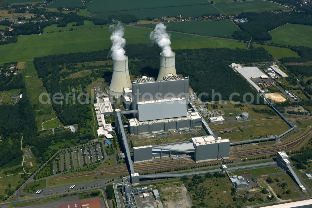 Spremberg from above - Power plants and exhaust towers of thermal power station Schwarze Pumpe of Vattenfall Europe in Spremberg in the state Brandenburg