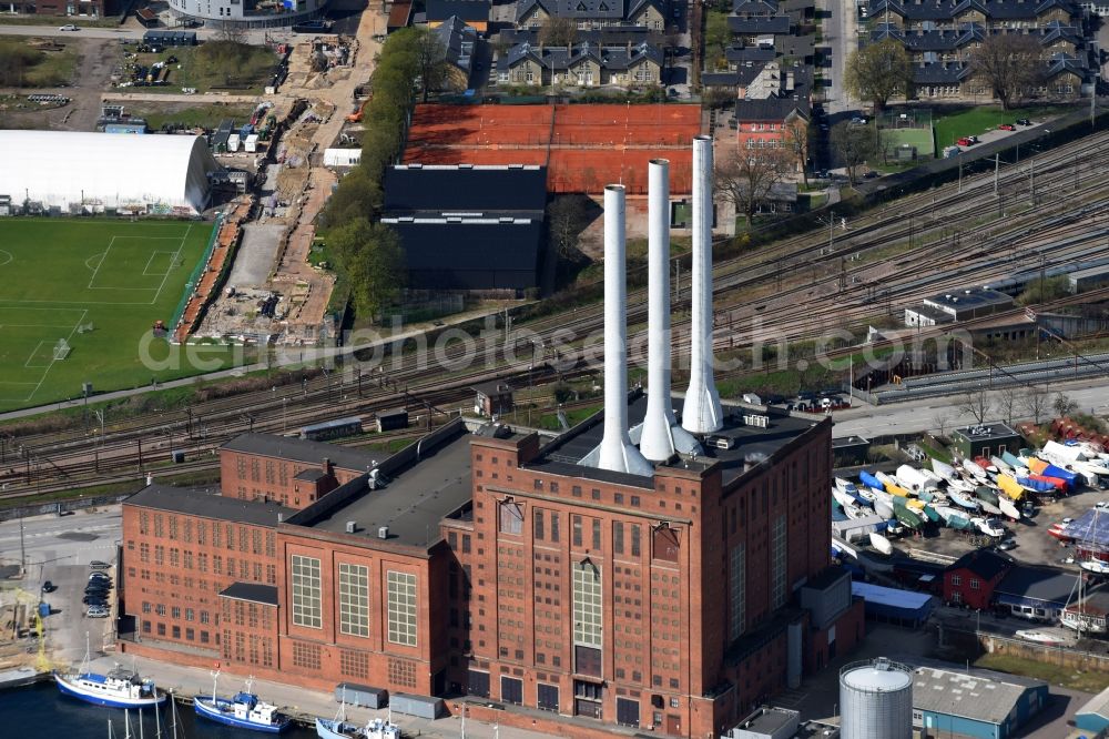 Kopenhagen from above - Power plants and exhaust towers of thermal power station Svanemollevaerket on Lautrupsgade in Copenhagen in Region Hovedstaden, Denmark