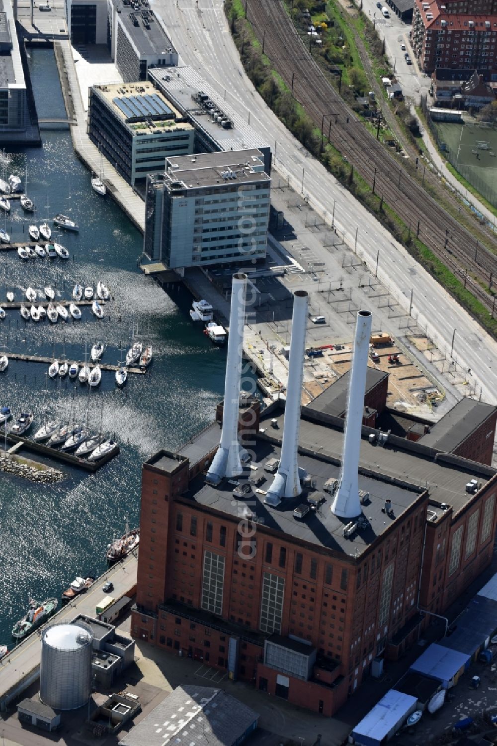 Kopenhagen from above - Power plants and exhaust towers of thermal power station Svanemollevaerket on Lautrupsgade in Copenhagen in Region Hovedstaden, Denmark