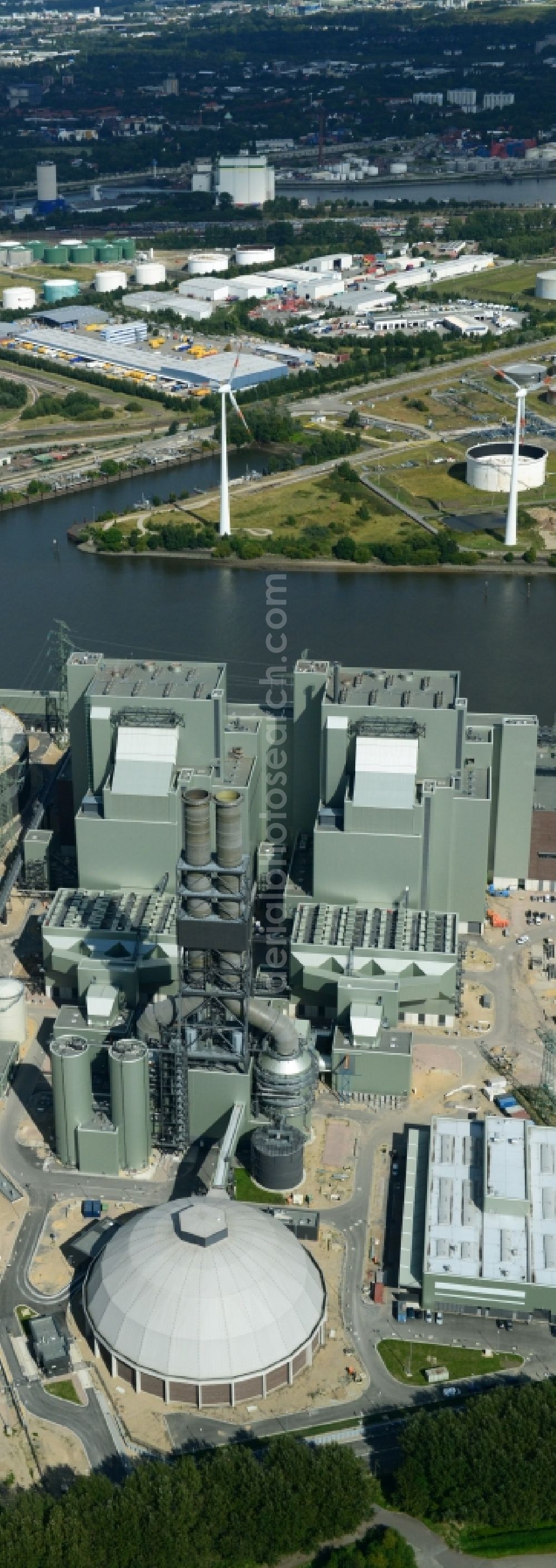 Aerial image Hamburg - Power plants and exhaust towers of thermal power station Vattenfall Tiefstack in Hamburg Moorburg, Germany