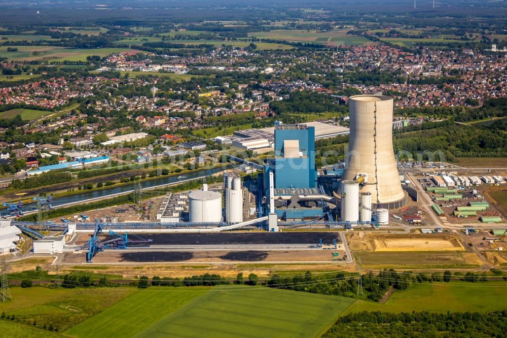 Aerial photograph Datteln - Power plants and exhaust towers of coal thermal power station Datteln 4 Uniper Kraftwerk Im Loeringhof in Datteln in the state North Rhine-Westphalia, Germany