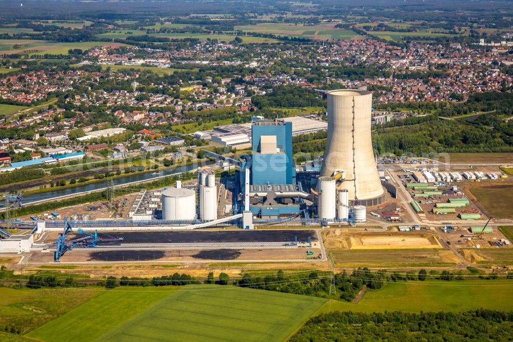 Datteln from above - Power plants and exhaust towers of coal thermal power station Datteln 4 Uniper Kraftwerk Im Loeringhof in Datteln in the state North Rhine-Westphalia, Germany