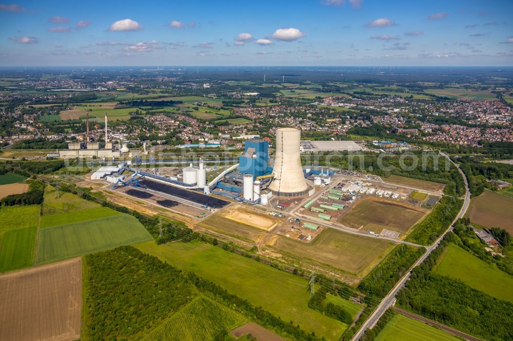 Aerial photograph Datteln - Power plants and exhaust towers of coal thermal power station Datteln 4 Uniper Kraftwerk Im Loeringhof in Datteln in the state North Rhine-Westphalia, Germany