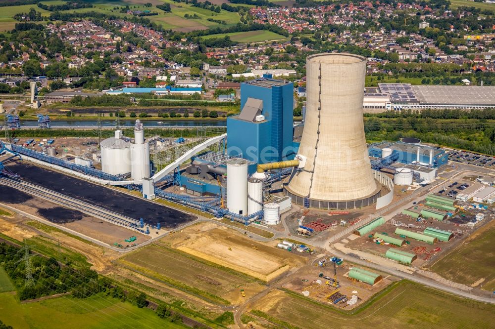 Datteln from above - Power plants and exhaust towers of coal thermal power station Datteln 4 Uniper Kraftwerk Im Loeringhof in Datteln in the state North Rhine-Westphalia, Germany