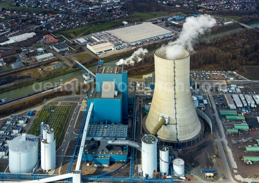 Aerial image Datteln - Power plants and exhaust towers of coal thermal power station Datteln 4 Uniper Kraftwerk Im Loeringhof in Datteln in the state North Rhine-Westphalia, Germany