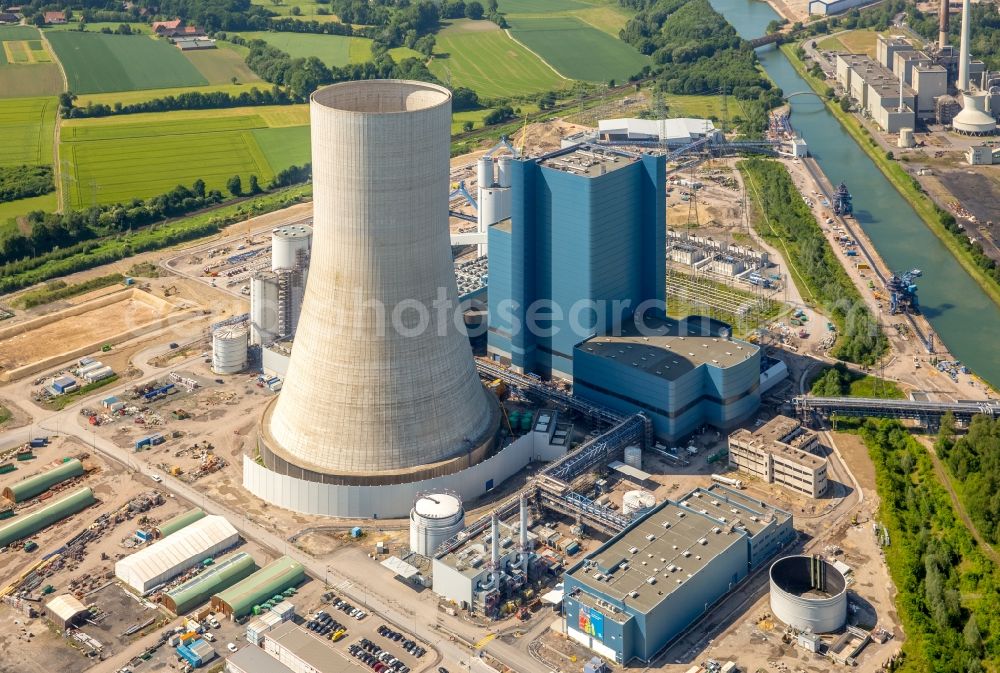 Aerial photograph Datteln - Power plants and exhaust towers of coal thermal power station Datteln 4 Uniper Kraftwerk Im Loeringhof in Datteln in the state North Rhine-Westphalia, Germany