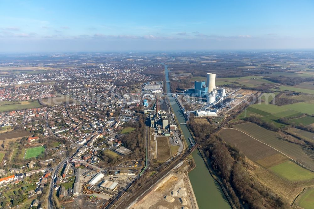 Datteln from above - Power plants and exhaust towers of coal thermal power station Datteln 4 Uniper Kraftwerk Im Loeringhof in Datteln in the state North Rhine-Westphalia, Germany