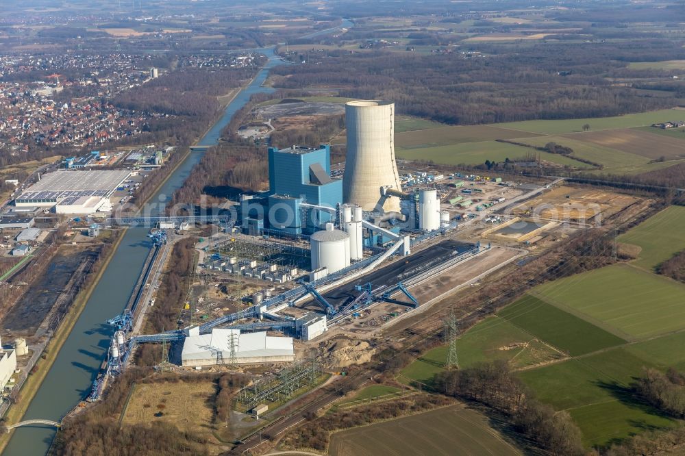 Aerial image Datteln - Power plants and exhaust towers of coal thermal power station Datteln 4 Uniper Kraftwerk Im Loeringhof in Datteln in the state North Rhine-Westphalia, Germany