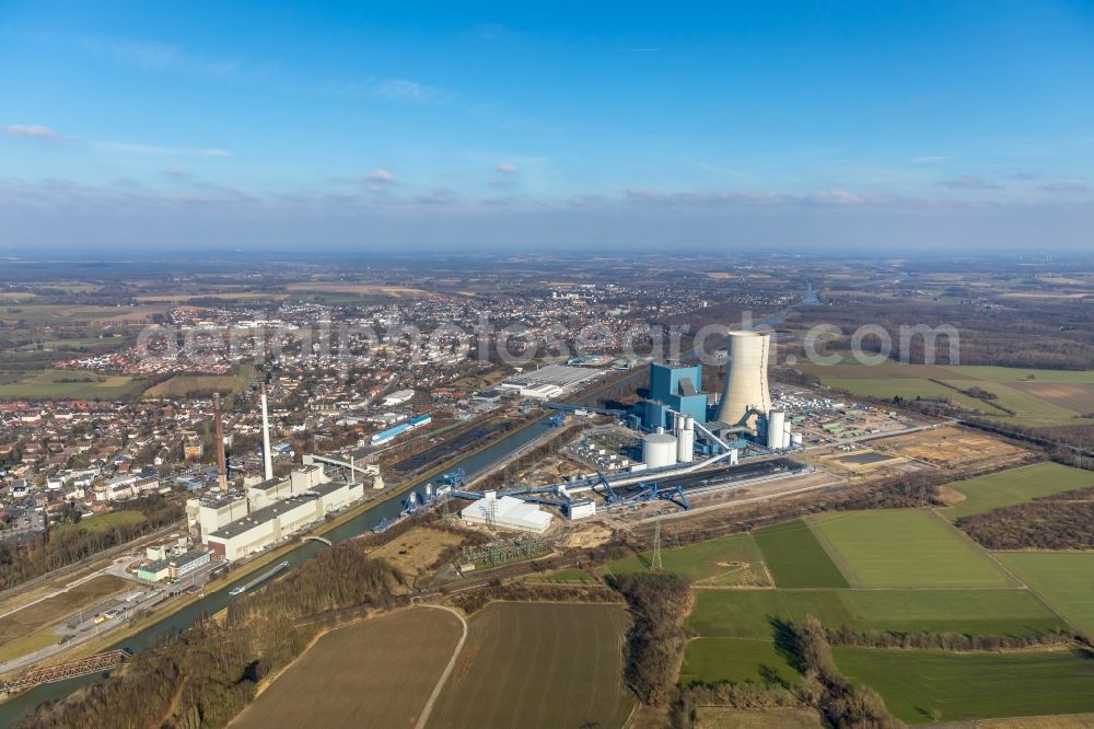 Aerial photograph Datteln - Power plants and exhaust towers of coal thermal power station Datteln 4 Uniper Kraftwerk Im Loeringhof in Datteln in the state North Rhine-Westphalia, Germany