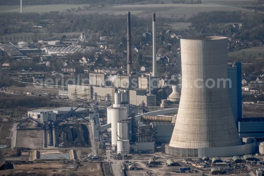 Datteln from above - Power plants and exhaust towers of coal thermal power station Datteln 4 Uniper Kraftwerk Im Loeringhof in Datteln in the state North Rhine-Westphalia, Germany