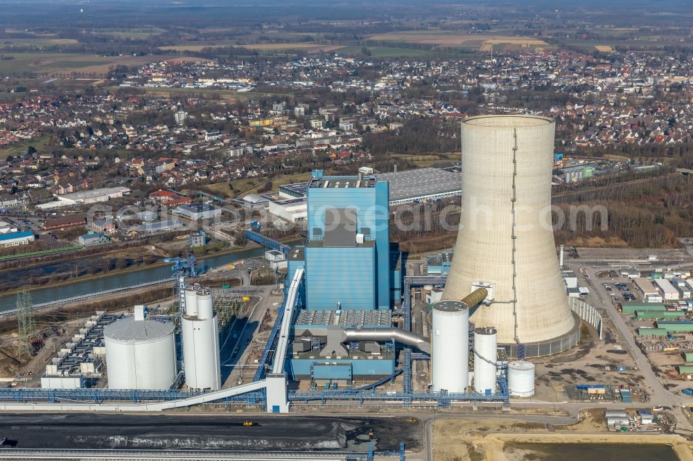 Aerial photograph Datteln - Power plants and exhaust towers of coal thermal power station Datteln 4 Uniper Kraftwerk Im Loeringhof in Datteln in the state North Rhine-Westphalia, Germany