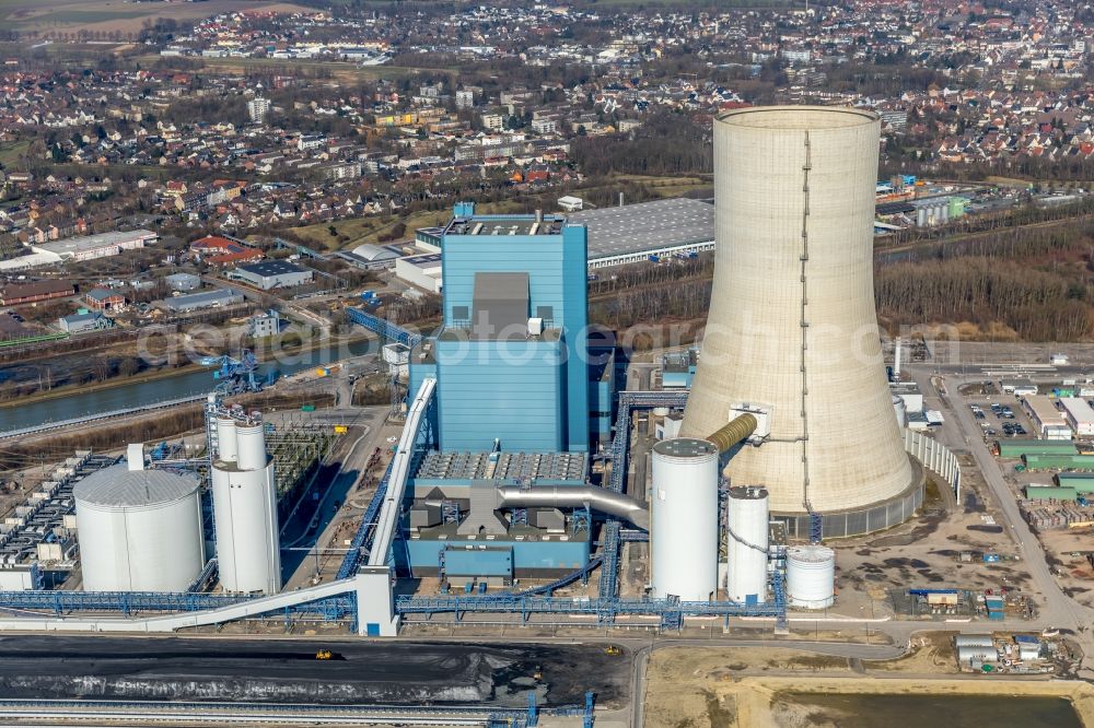 Datteln from above - Power plants and exhaust towers of coal thermal power station Datteln 4 Uniper Kraftwerk Im Loeringhof in Datteln in the state North Rhine-Westphalia, Germany