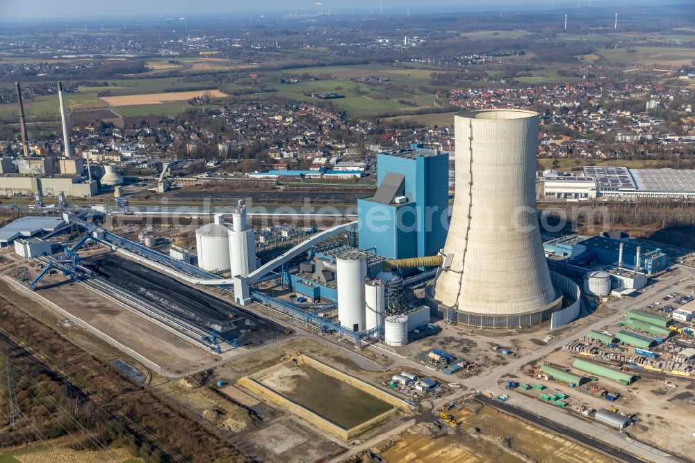 Aerial image Datteln - Power plants and exhaust towers of coal thermal power station Datteln 4 Uniper Kraftwerk Im Loeringhof in Datteln in the state North Rhine-Westphalia, Germany