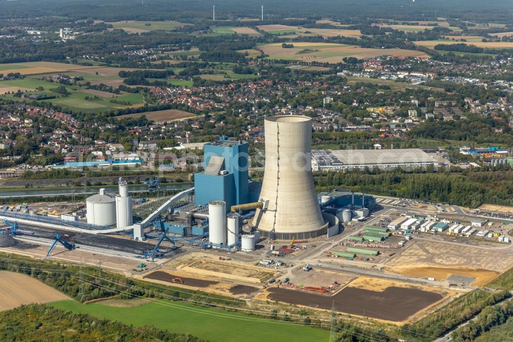 Datteln from above - Power plants and exhaust towers of coal thermal power station Datteln 4 Uniper Kraftwerk Im Loeringhof in Datteln in the state North Rhine-Westphalia, Germany