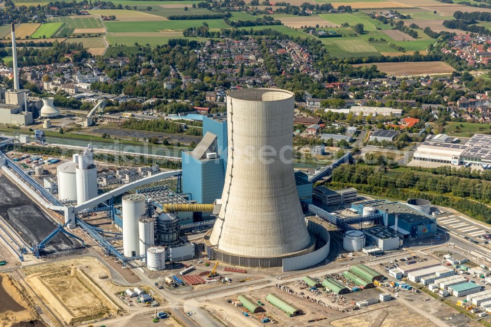 Datteln from above - Power plants and exhaust towers of coal thermal power station Datteln 4 Uniper Kraftwerk Im Loeringhof in Datteln in the state North Rhine-Westphalia, Germany