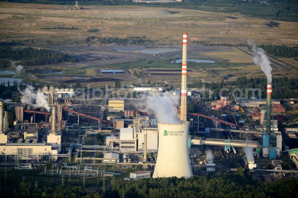 Dolní Nivy from above - Power plants and exhaust towers of coal thermal power station in Dolní Nivy in Czech Republic