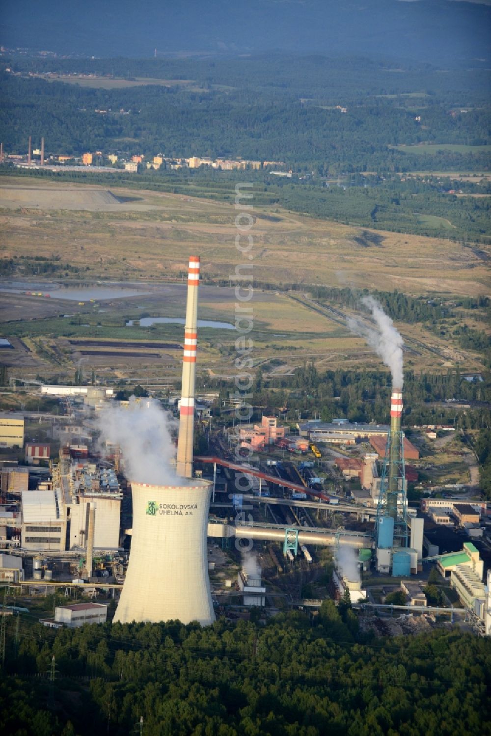 Dolní Nivy from the bird's eye view: Power plants and exhaust towers of coal thermal power station in Dolní Nivy in Czech Republic