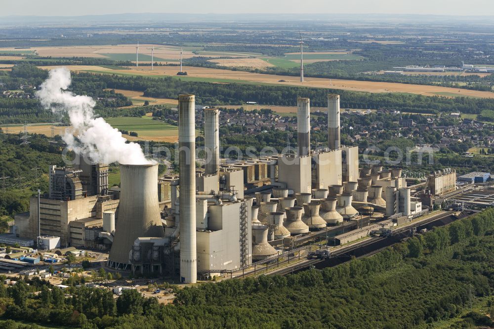 Frimmersdorf from above - Power plants and exhaust towers of coal thermal power station on street Energiestrasse in Frimmersdorf at Ruhrgebiet in the state North Rhine-Westphalia, Germany