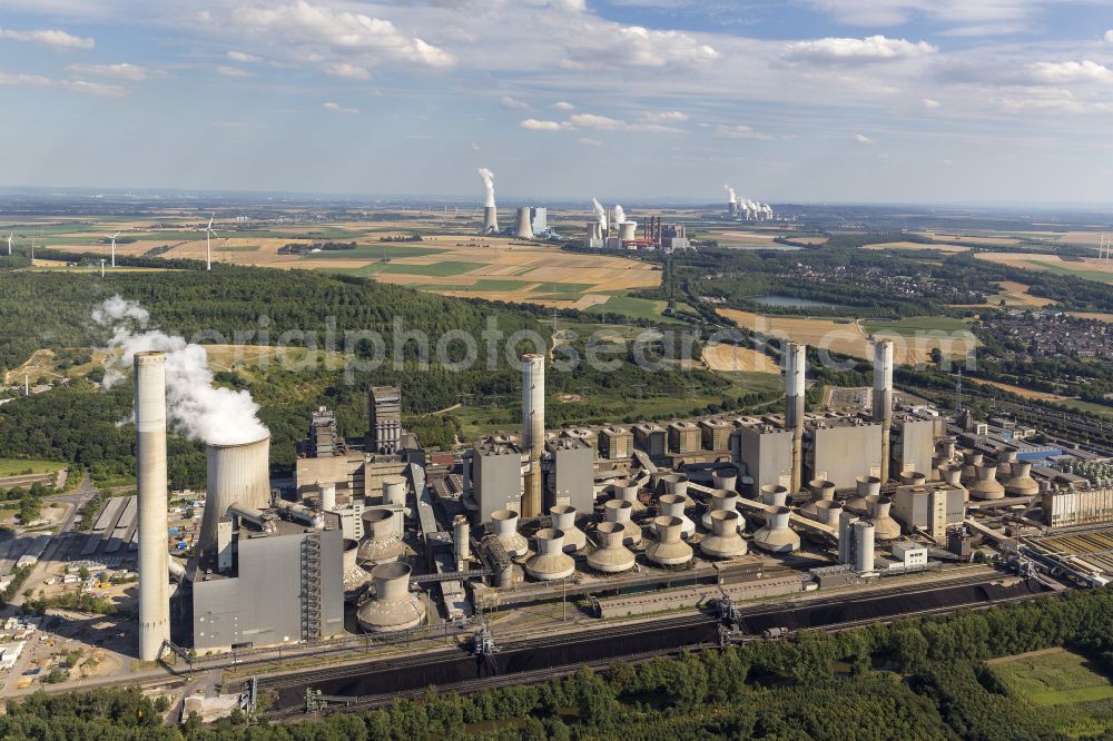 Frimmersdorf from the bird's eye view: Power plants and exhaust towers of coal thermal power station on street Energiestrasse in Frimmersdorf at Ruhrgebiet in the state North Rhine-Westphalia, Germany