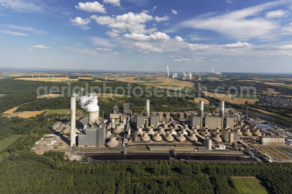 Aerial image Frimmersdorf - Power plants and exhaust towers of coal thermal power station on street Energiestrasse in Frimmersdorf at Ruhrgebiet in the state North Rhine-Westphalia, Germany