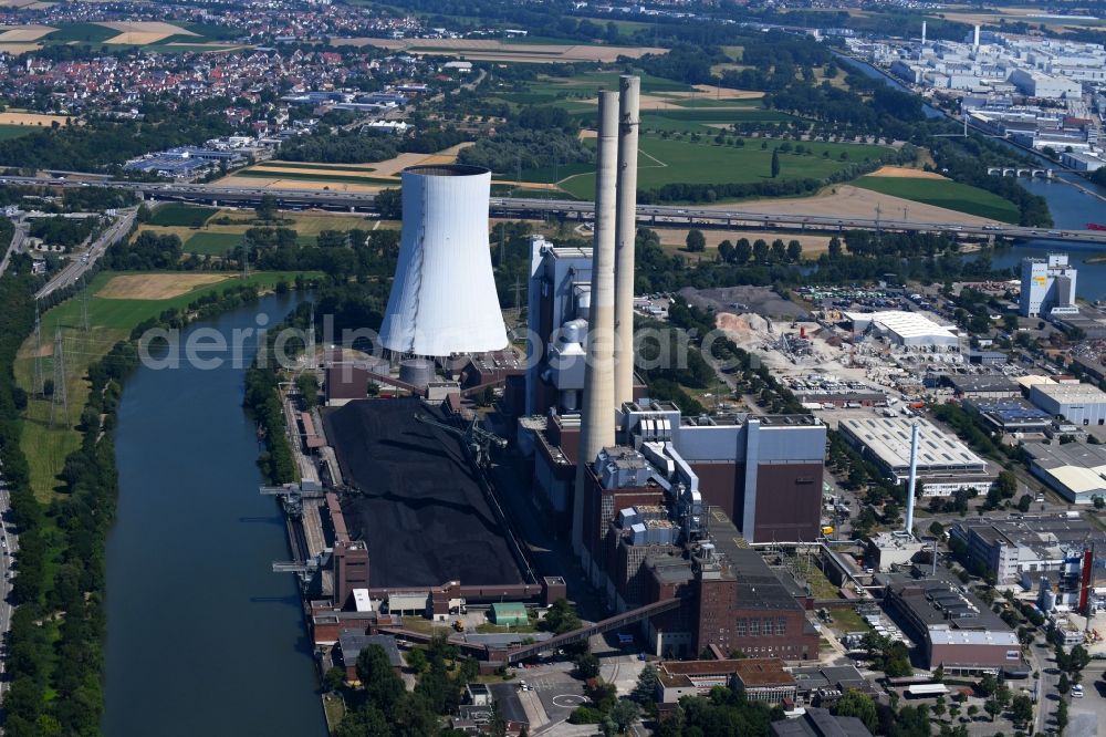 Heilbronn from above - Power plants and exhaust towers of coal thermal power station in Heilbronn in the state Baden-Wurttemberg, Germany