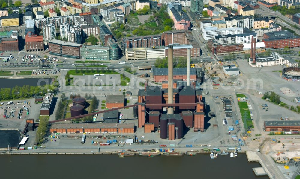 Helsinki from the bird's eye view: Power plants and exhaust towers of coal thermal power station Helen in Helsinki in Finland