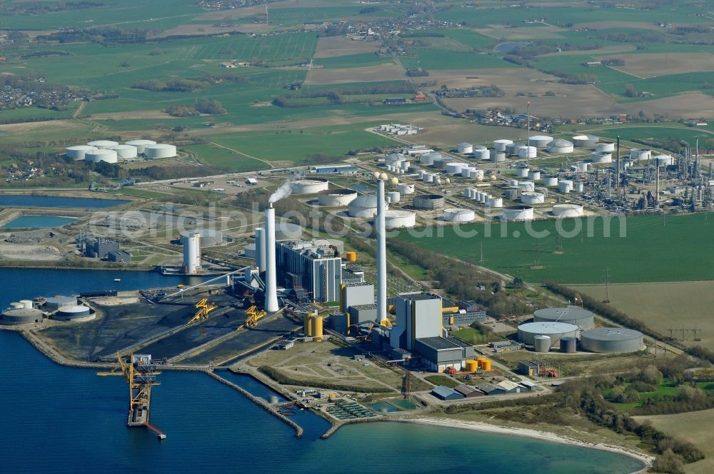 Aerial image Kalundborg - Power plants and exhaust towers of coal thermal power station in Kalundborg in Denmark