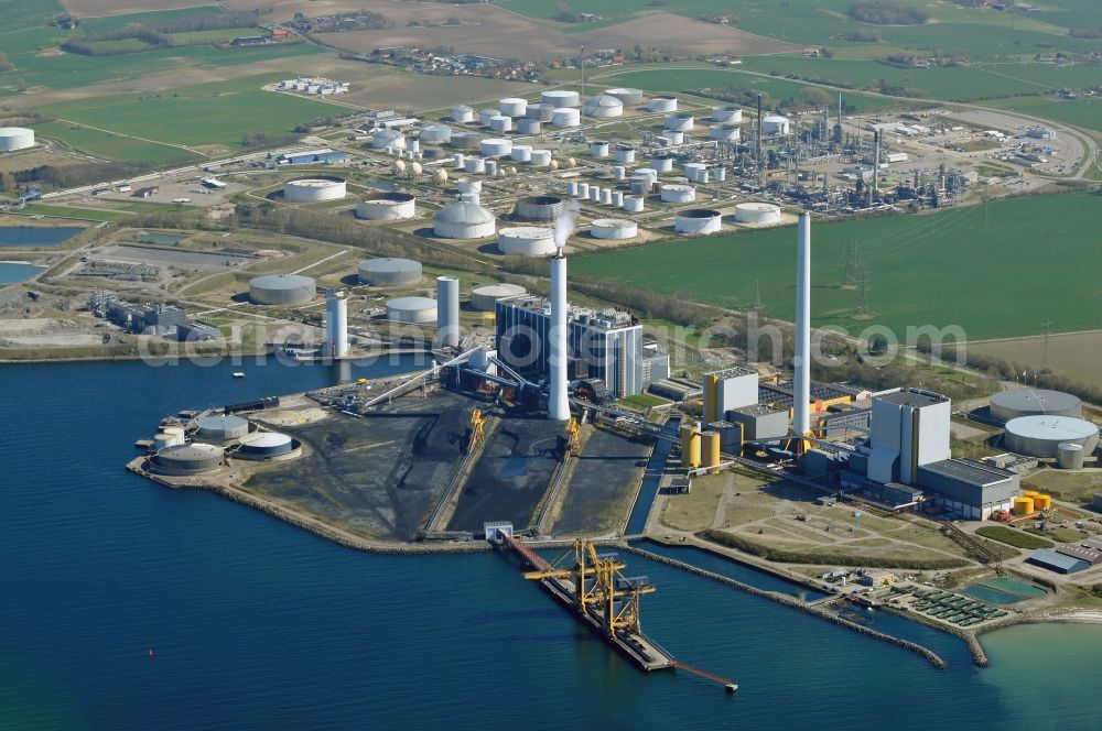 Aerial photograph Kalundborg - Power plants and exhaust towers of coal thermal power station in Kalundborg in Denmark