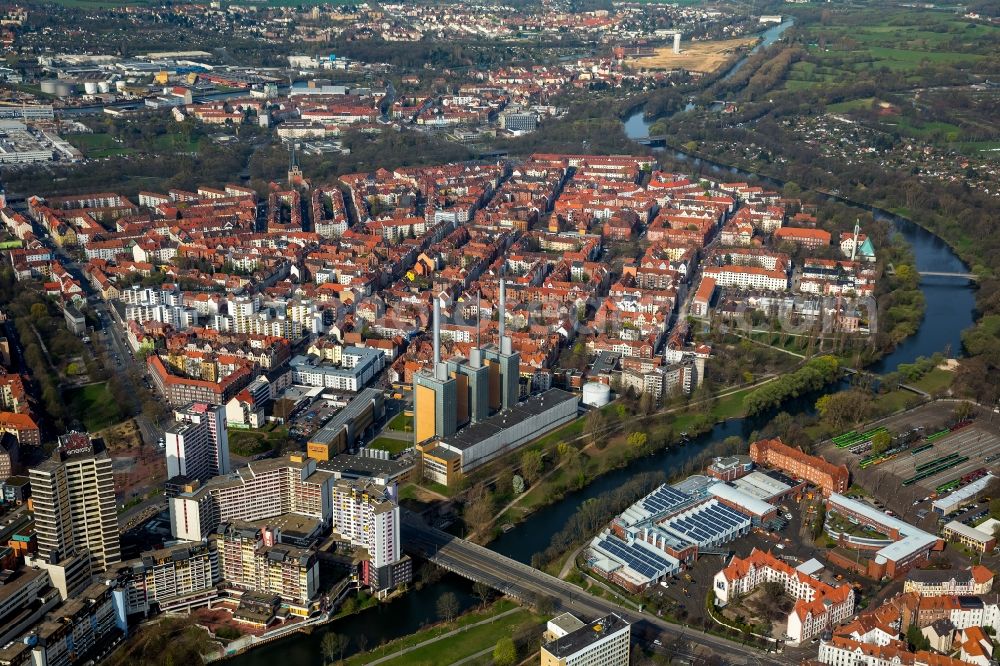 Aerial photograph Hannover - Power plants and exhaust towers of coal thermal power station Linden in the district Linden-Limmer in Hannover in the state Lower Saxony, Germany