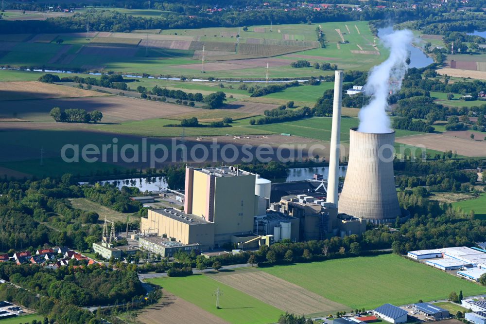 Petershagen from above - Power plants and exhaust towers of coal thermal power station in Petershagen in the state North Rhine-Westphalia