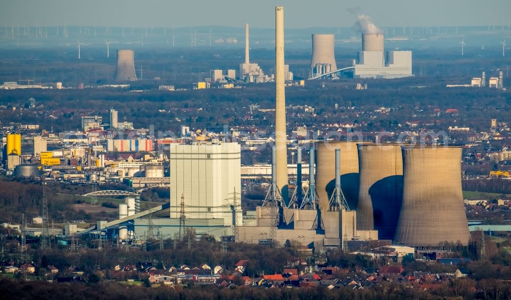 Aerial image Werne - Power plants and exhaust towers of the coal-fired cogeneration plant RWE Power AG Kraftwerk Gersteinwerk on Hammer Strasse in Werne in the state North Rhine-Westphalia, Germany