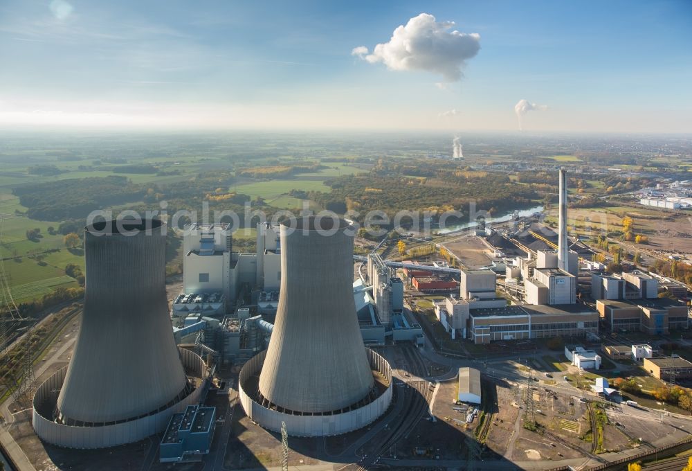 Aerial photograph Hamm - Power plants and exhaust towers of coal thermal power station of RWE Power in the Schmehausen part of Hamm in the state of North Rhine-Westphalia