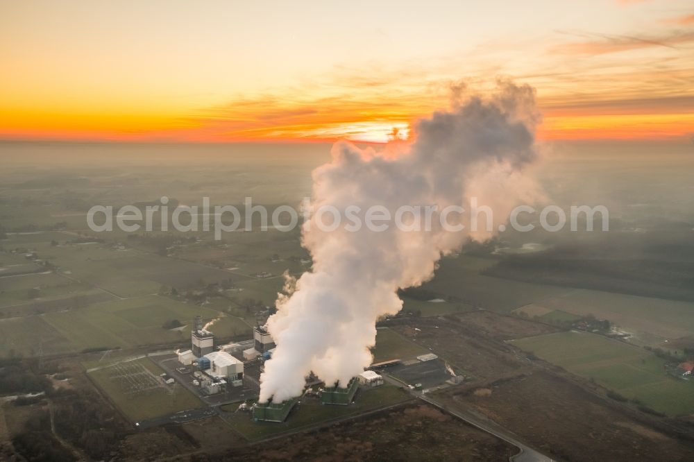 Aerial photograph Hamm - Power plants and exhaust towers of coal thermal power station of RWE Power in the Schmehausen part of Hamm in the state of North Rhine-Westphalia