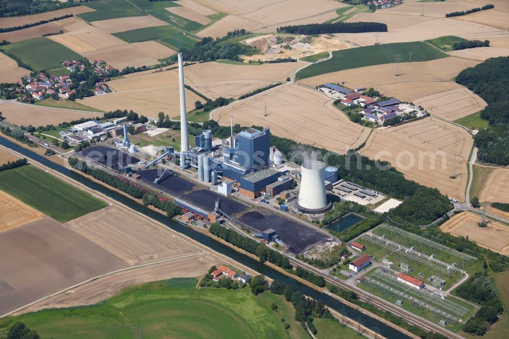 Zolling from the bird's eye view: Power plants and exhaust towers of coal thermal power station in Zolling in the state Bavaria