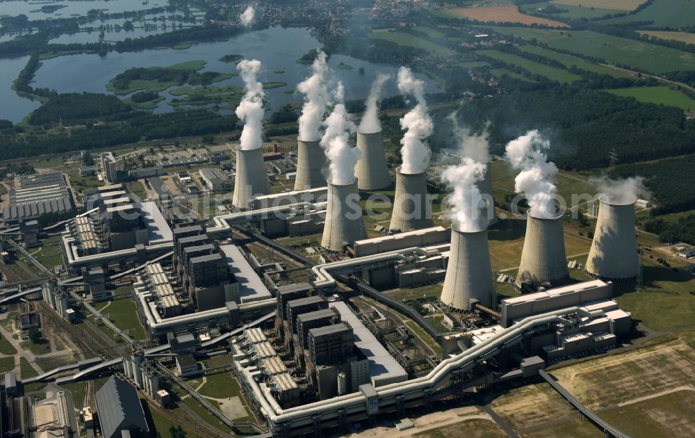 Aerial photograph Jänschwalde - Power plants and exhaust towers of coal thermal power Vattenfall- station in Jaenschwalde in the state Brandenburg