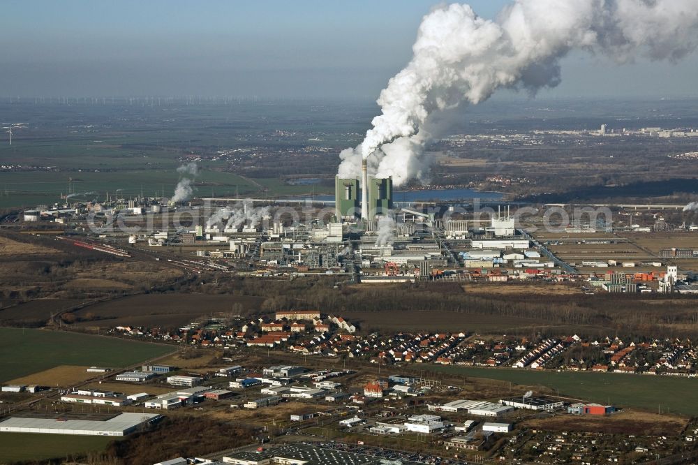 Schkopau from the bird's eye view: View of power plant smokestacks in the mirror image of Rattmansdorfer pond in Schkopau in the state of Saxony-Anhalt. The two chimneys are part of the lignite-fired power plant of E.ON AG