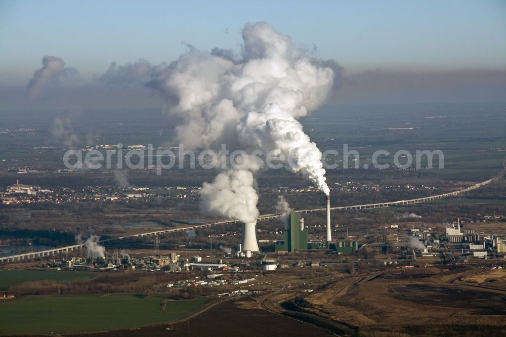 Aerial image Schkopau - View of power plant smokestacks in the mirror image of Rattmansdorfer pond in Schkopau in the state of Saxony-Anhalt. The two chimneys are part of the lignite-fired power plant of E.ON AG