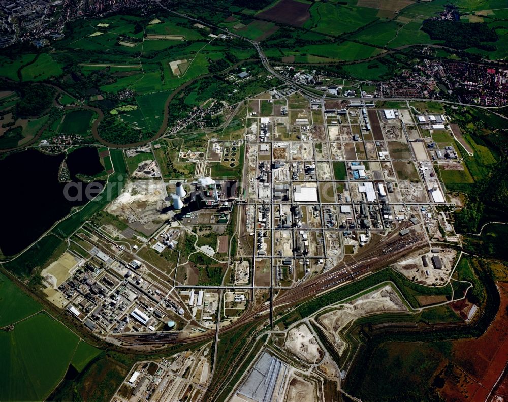 Schkopau from above - View of power plant smokestacks in the mirror image of Rattmansdorfer pond in Schkopau in the state of Saxony-Anhalt. The two chimneys are part of the lignite-fired power plant of E.ON AG