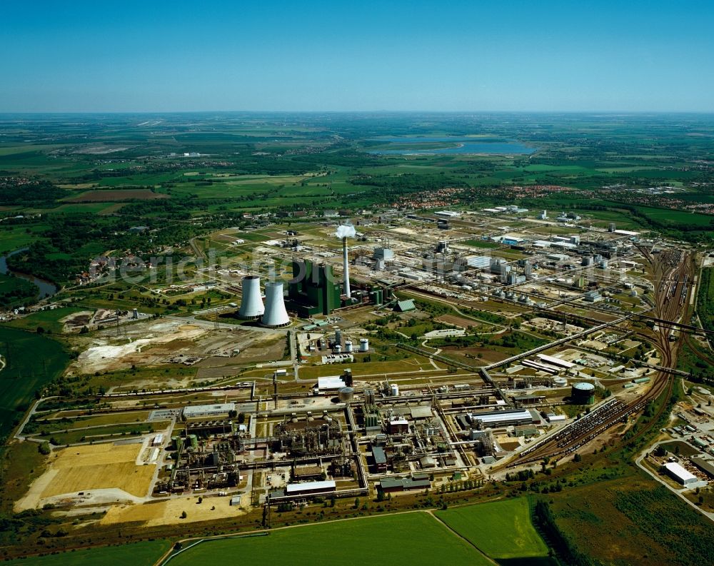 Schkopau from the bird's eye view: View of power plant smokestacks in the mirror image of Rattmansdorfer pond in Schkopau in the state of Saxony-Anhalt. The two chimneys are part of the lignite-fired power plant of E.ON AG