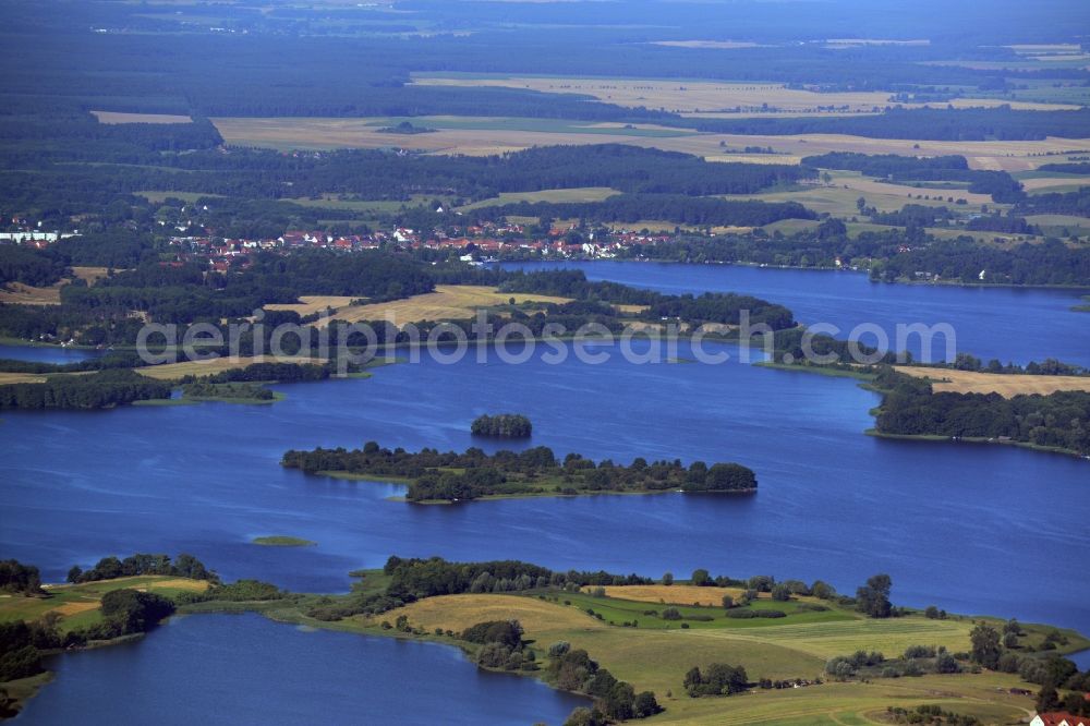 Krakow am See from above - Krakow Lake District in Krakow am See in the state of Mecklenburg - Western Pomerania. The landscape consists of several lakes and islands such as the small Serrahner See in the foreground and Krakow Untersee with the Liepse Island in the background