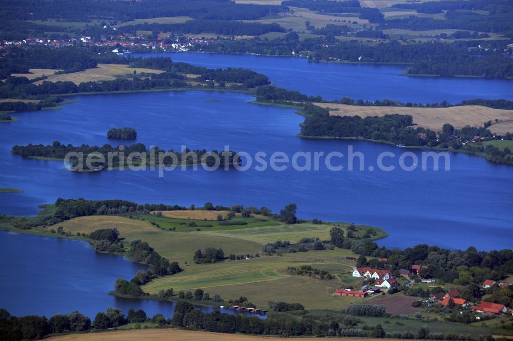 Krakow am See from the bird's eye view: Krakow Lake District in Krakow am See in the state of Mecklenburg - Western Pomerania. The landscape consists of several lakes and islands such as the small Serrahner See in the foreground and Krakow Untersee with the Liepse Island in the background