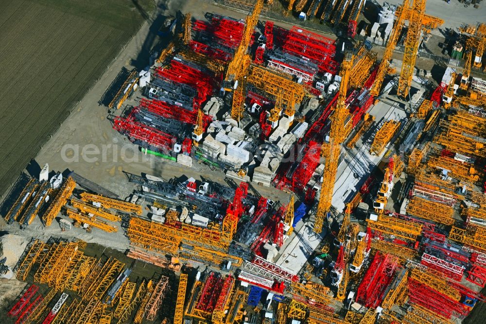 Mindelheim from the bird's eye view: Crane parts on the factory premises Weiss Kranservice GmbH & Co. KG on Rubihornstrasse in Mindelheim in the state Bavaria, Germany