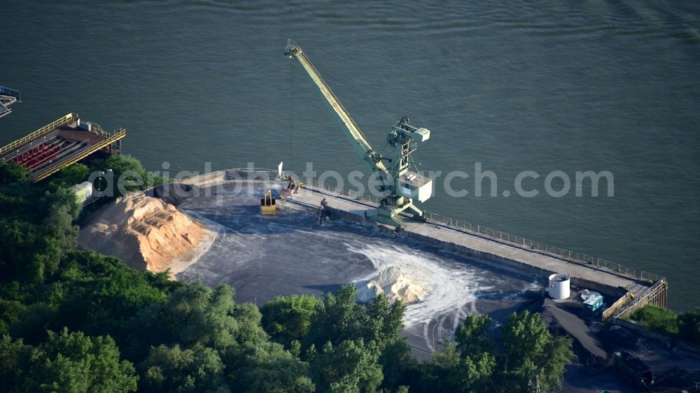 Aerial photograph Rheinbrohl - Crane system (gantry crane) in Rheinbrohl in the state Rhineland-Palatinate, Germany