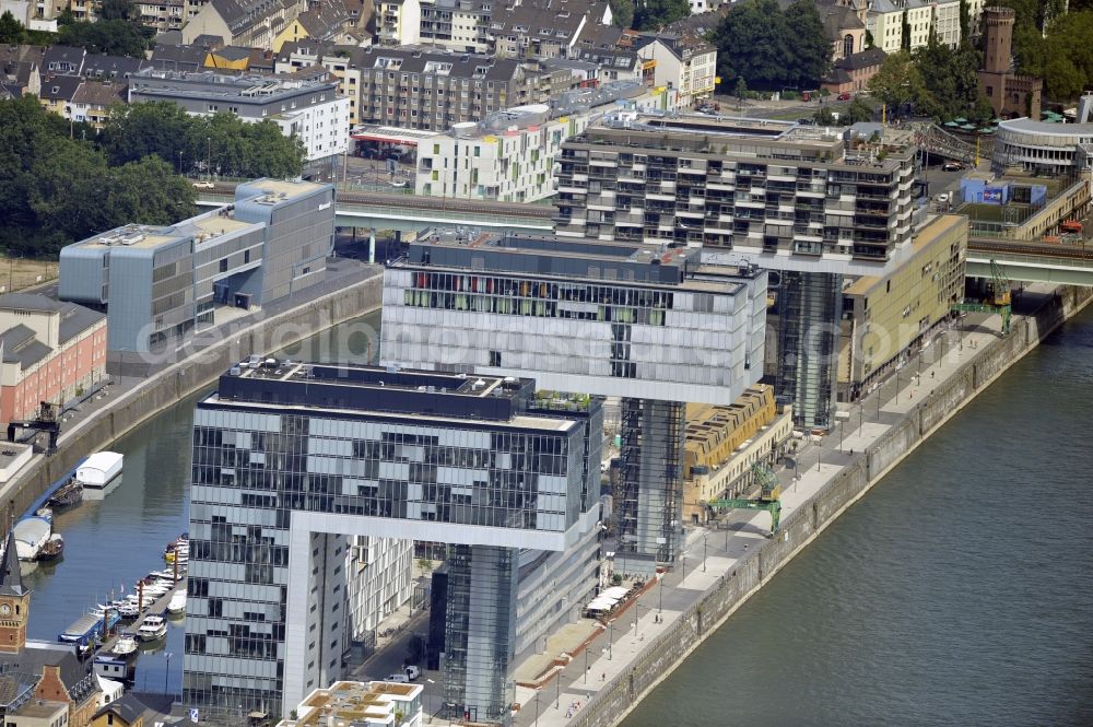 Köln from above - View of the finished crane buildings at Cologne Rheinauhafen in the state of North Rhine-Westphalia. The design of these offices and commercial buildings by architects BRT Bothe Richter Teherani. The roofs were made of the VEDAG GmbH