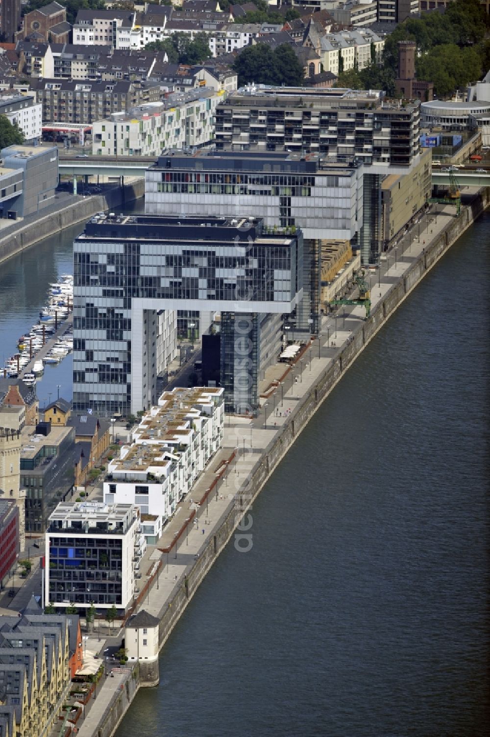 Aerial image Köln - View of the finished crane buildings at Cologne Rheinauhafen in the state of North Rhine-Westphalia. The design of these offices and commercial buildings by architects BRT Bothe Richter Teherani. The roofs were made of the VEDAG GmbH