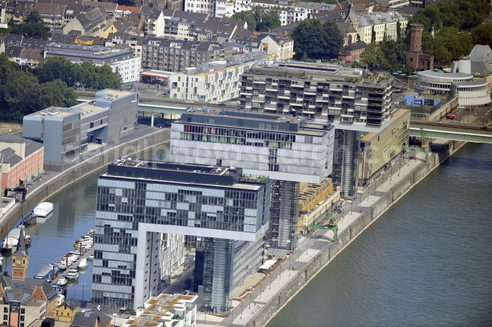 Köln from above - View of the finished crane buildings at Cologne Rheinauhafen in the state of North Rhine-Westphalia. The design of these offices and commercial buildings by architects BRT Bothe Richter Teherani. The roofs were made of the VEDAG GmbH