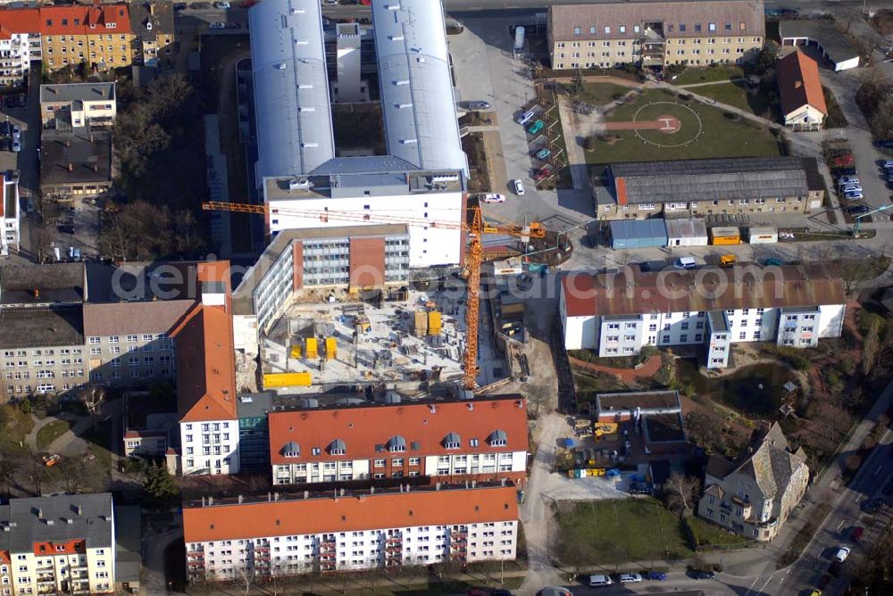 Wittenberg from the bird's eye view: Bauarbeiten am Krankenhaus Paul-Gerhardt-Stiftung; Lutherstadt Wittenberg; Paul-Gerhardt-Strasse 42-45; 06886 Lutherstadt Wittenberg; http://