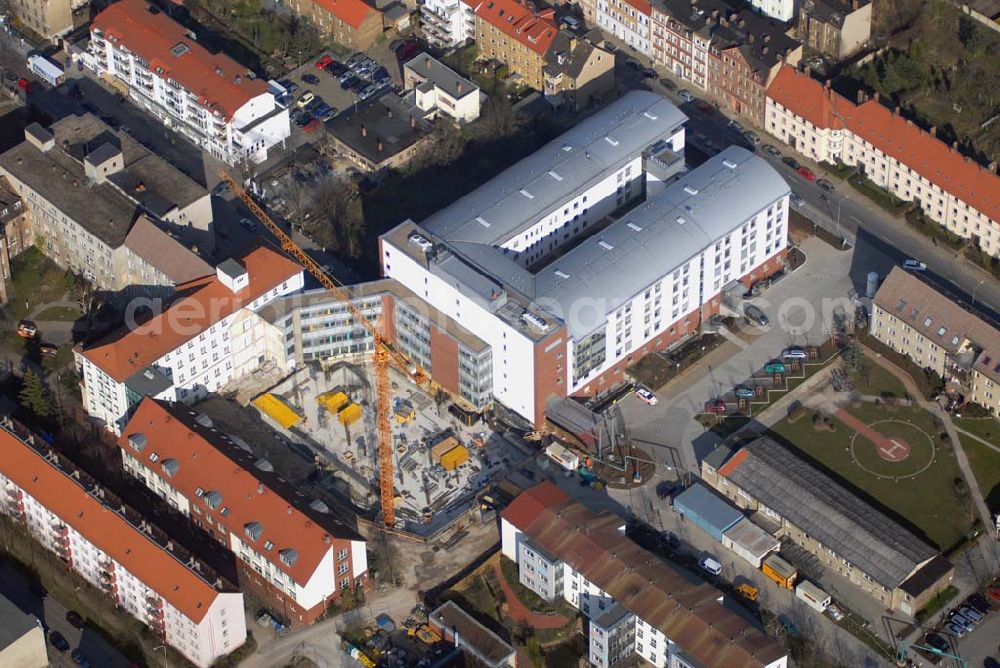 Wittenberg from the bird's eye view: Bauarbeiten am Krankenhaus Paul-Gerhardt-Stiftung; Lutherstadt Wittenberg; Paul-Gerhardt-Strasse 42-45; 06886 Lutherstadt Wittenberg; http://